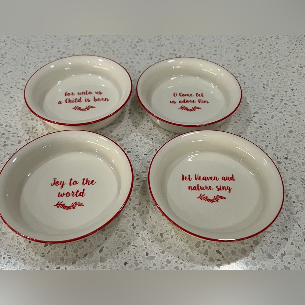 Religious Christmas Holiday Cream and Red Ceramic Mini Pie Set of 4